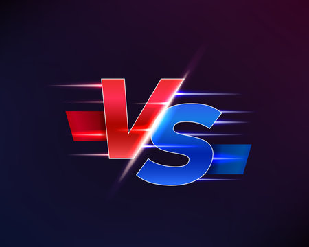 Vs or versus sign, vector game or sport confrontation symbol, red and blue glow letters on dark blue background. Sports game, fight or battle competition challenge, martial arts combat emblemのイラスト素材