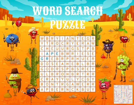 Word search puzzle, Wild West ranger, cowboy and bandit berry characters, vector quiz game. Kids word search grid worksheet with cartoon western blackberry cowboy, strawberry sheriff and cherry rangerのイラスト素材