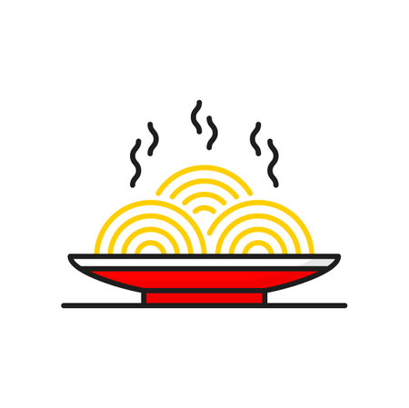 Instant noodles in red bowl or plate, China and Japan cuisine food isolated thin line icon. Vector asian meal, chinese japanese food, restaurant pastaのイラスト素材