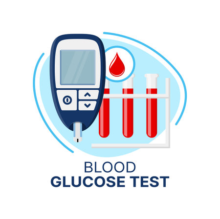 Blood glucose test of diabetes care icon. Vector glucometer with sugar or glucose level test tubes in stand and red drop. Diabetes mellitus medical equipment or measuring device isolated symbolのイラスト素材