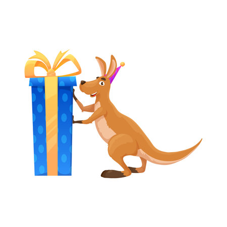 Cartoon kangaroo character with present box. Isolated funny vector wallaroo wear festive hat with huge gift celebrate birthday. Australian marsupial animal personage, comic lovely mammal wallabyのイラスト素材
