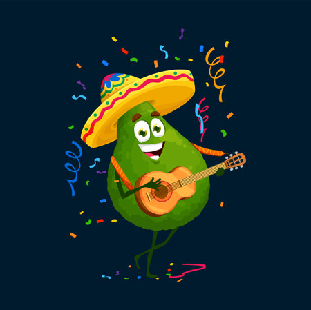 Cartoon mexican mariachi avocado character on holiday party. Cheerful folk musician artist fruit personage in sombrero playing guitar and singing on traditional Cinco de Mayo festival with confettiのイラスト素材