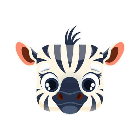 Cartoon zebra kawaii square animal face. Cute striped african baby horse muzzle. Isolated vector icon, safari character portrait, zoo app button, graphic design elementのイラスト素材