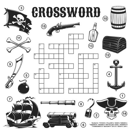 Pirate and corsair crossword grid to find word, vector quiz game. Crossword grid worksheet to guess words of pirate flag, skull in captain hat, anchor and cannon, buccaneer sword and spyglassのイラスト素材
