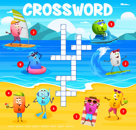 Crossword grid cartoon vitamin characters on summer vacation. Quiz game with funny vector food supplement N lipoic acid, B1 thiamine, D calciferol, U, C ascorbate calcium, B3, B12, B5 capsules by seaのイラスト素材