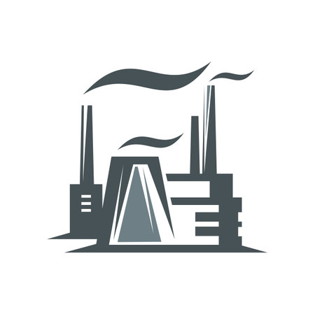 Factory icon, industrial plant of gas and oil refinery or technology manufacture, vector silhouette. Factory with chimney and smog, metallurgy industry plant or pipeline and refinery production iconのイラスト素材