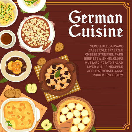 German cuisine menu cover, Germany food and traditional dishes, vector. German cuisine food liver with pineapple and mustard potato salad, pork kidney stew and vegetable sausage casserole spaetzleのイラスト素材