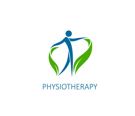 Physiotherapy, chiropractic practice icon. Physiotherapy doctor, orthopedic rehabilitation medical center or back pain treatment vector symbol. Spine health therapist sign with human abstract figureのイラスト素材