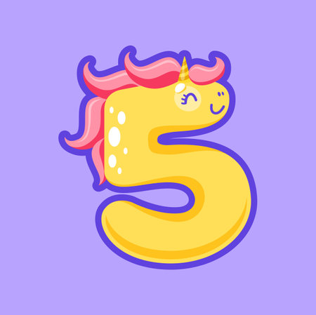 Five, fifth number unicorn cute animal in wig with funny face, 5 cartoon character. Vector five digit ABC font element, numeral, calendar, calculator figureのイラスト素材