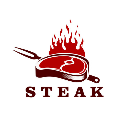 Steak grill icon, barbecue emblem. Meat farm, steakhouse or butcher store beefsteak vector symbol. Restaurant BBQ grill emblem or icon with hot steak meat, grilling fork and fire flamesのイラスト素材