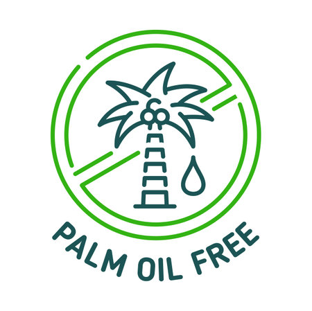 Palm oil free icon and sign. Natural nutrition or eco safe cosmetics product label, healthy and organic food vector sticker or badge. Palm oil contain, forbidden or allergic ingredient outline symbolのイラスト素材