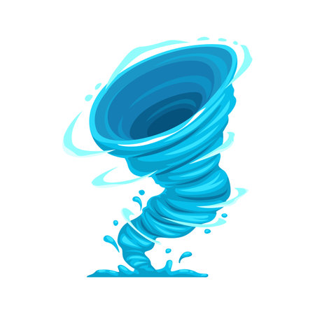 Cartoon tornado storm, cyclone hurricane or whirlwind twister, vector wind funnel. Blue tornado swirl or typhoon windstorm, cartoon thunderstorm hurricane twist with windy twirl of air vortexのイラスト素材
