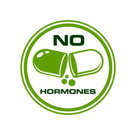 No hormones icon or hormones free emblem for food and natural products, vector stamp. No hormones stamp vector with pill capsule for safe meat food and USDA health quality certificate sealのイラスト素材
