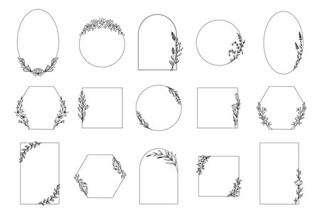 Elegant floral wedding frames for social media and invitation cards, vector background templates. Wedding frames with floral line of flowers and flourish line borders with rose springs and leavesのイラスト素材