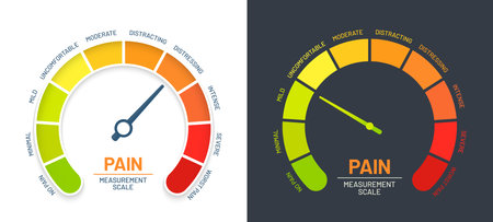 Pain scale with vector level chart for pain and stress meter. Health level assessment or rating with color measurement scale from high to low intensity, evaluation score for medical clinic or hospitalのイラスト素材