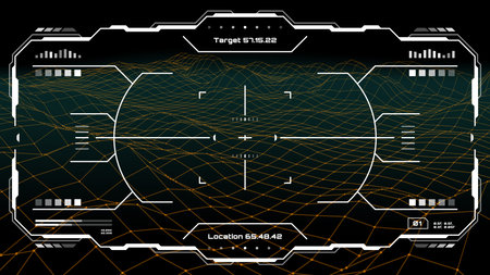 Hud futuristic monitor screen interface. Target aim control. Future airplane pilot interface, target hologram screen or military viewfinder game UI vector frame with gun aim crosshair, surface meshのイラスト素材