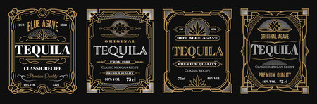 Vintage tequila labels, alcohol frames background, Mexican drink beverage vector sign. Blue agave premium quality gold or silver tequila label templates for bottle of premium quality tequila drinkのイラスト素材