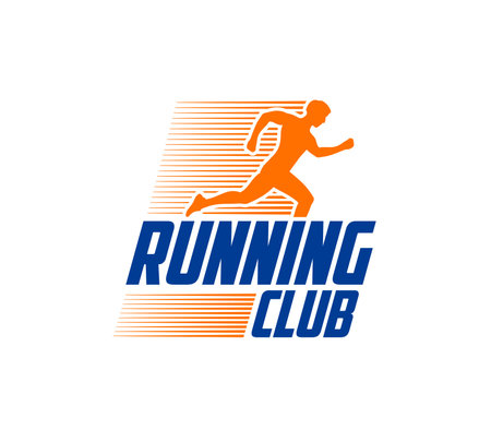 Marathon run sport icon, isolated vector emblem with running male silhouette and speed trace. Athlete, sportsman, championship competition, professional race label with runner figure in motionのイラスト素材