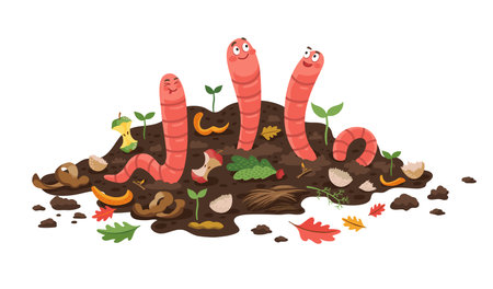 Cartoon compost worms. Isolated vector earthworms in organic garbage heap with leftovers and growing plants. Cute worm characters working in garden soil. Funny invertebrate personages recycling foodのイラスト素材
