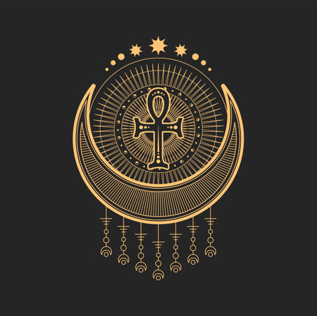 Crescent and moon esoteric occult symbols, magic tarot. Vector talisman with Egyptian ankh cross inside of circle with stars. Alchemy sign, mystic mason symbolic, amulet or tattooのイラスト素材