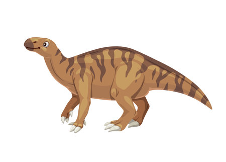 Cartoon Iguanodon dinosaur character. Paleontology reptile, extinct animal or prehistoric lizard vector cheerful personage. Mesozoic era herbivorous dinosaur with beak childish mascotのイラスト素材