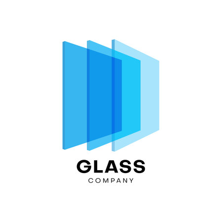 Glass icon with vector rectangular sheets of transparent blue plate or flat glass. Window, door and wall building material isolated symbol for glazing service or glasswork company emblemのイラスト素材