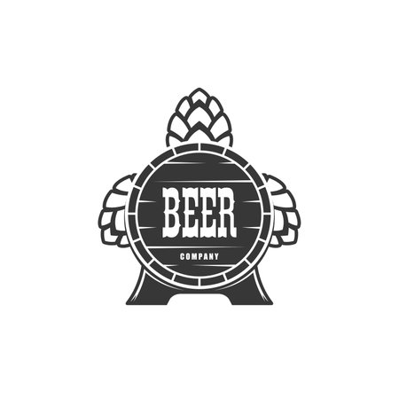 Beer brewery icon of vector wooden barrel and hops. Old wooden barrel, vintage oak cask, keg or tank of alcohol drink. Beer or ale beverage wood container with legs isolated monochrome symbolのイラスト素材