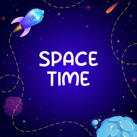 Cartoon space background with rocket and stars. Vector fantasy planets of alien universe galaxy, spaceship, falling stars and asteroids border frame with copy space. Astronomy science or space travelのイラスト素材