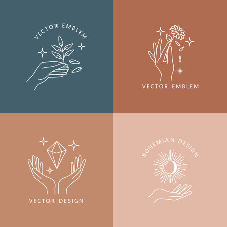 Boho plant, sun, flower, gem and twig vector line icons. Bohemian mystic or esoteric symbols with outline woman hands, magic stars, celestial and nature objects. Modern minimal tattoos, fashion printsのイラスト素材
