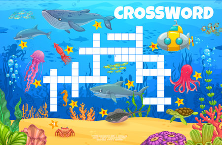Cartoon underwater landscape and animals crossword quiz game grid. Vector puzzle with whale, dolphin, seahorse, jellyfish and octopus. Shark, turtle, stingray or squid with crab or submarine worksheetのイラスト素材