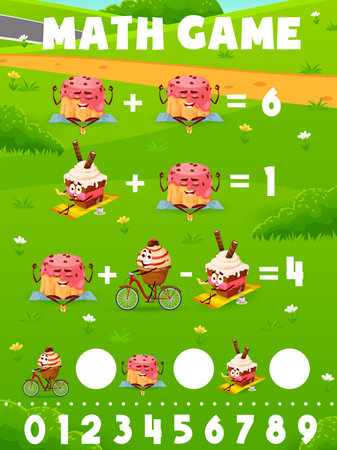 Cartoon dessert, cake and pancake characters math game worksheet. Vector arithmetic learning task, mathematics riddle for children education with funny pastry sweets personages summertime activitiesのイラスト素材