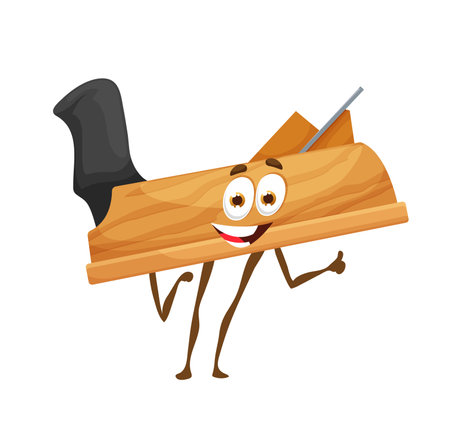 Cartoon jack plane, DIY and construction tool character, vector funny personage. Repair and building work tool personage with smile and thumb up, carpentry and woodworking tool funny characterのイラスト素材