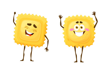 Cartoon ravioli pasta characters. Isolated vector funny macaroni personages with friendly positive faces. Italian cuisine kawaii emoji, cute adorable dinner emoticon, comic pasta noodles dish of Italyのイラスト素材