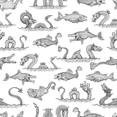 Ancient sea serpent, dragon and leviathan animals seamless pattern, vector background. Sea fish monsters and fantastic ocean creatures in vintage line hatching pattern, marine krakens with tentaclesのイラスト素材