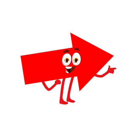 Red arrow shape character, mathematics and geometry figure. Math or geometric personage. Isolated vector funny direction symbol with friendly face. Cute education creature for kids school lessonsのイラスト素材