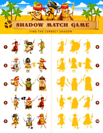 Shadow match game. Cartoon mexican food pirates and corsairs on silhouette compare game or logical quiz. Preschool kids playing activity with find shadow task, vector riddle with burrito, taco, nachoのイラスト素材