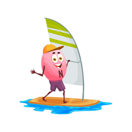 Cartoon vitamin N character on windsurfing. Vector pink food supplement capsule sailboarding in sea. Isolated lipoic acid personage in cap and shorts actively resting maintaining healthy lifestyleのイラスト素材