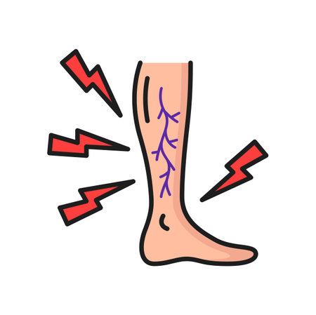 Swelling pain in legs, varicose veins outline icon. Vector abnormal blood pressure, weak valves, thunder as pains sign. Vascular disease diagnostic and treatmentのイラスト素材