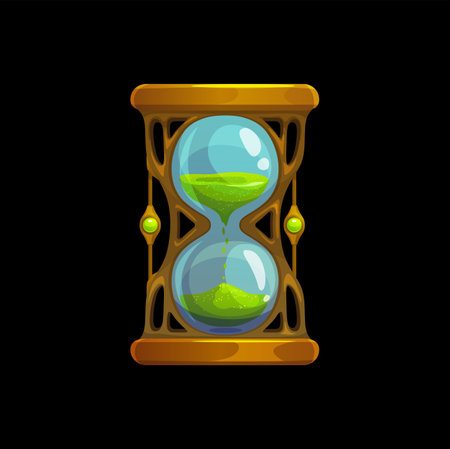 Magic sand glass clock, isolated sandglass or hourglass, cartoon vector. Fantasy or fairy tale time hour timer or sand glass clock with green crystal sand flow in sandglass or magic hourglassのイラスト素材