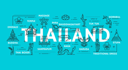 Thailand travel icons, Bangkok landmarks and Thai tourism, vector symbols. Thailand travel sightseeing temple stupa, Buddha and Muay Thai boxing, religious symbols of lotus, tuk tuk and dragonのイラスト素材