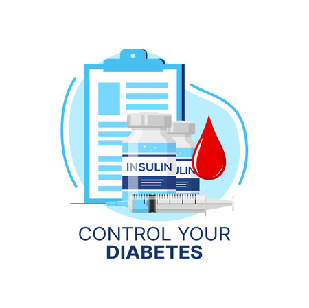 Diabetes control icon of vector insulin injection, syringe and doctor clipboard with medical check up of blood sugar or glucose level test. Diabetes mellitus type diagnosis and treatment symbolのイラスト素材