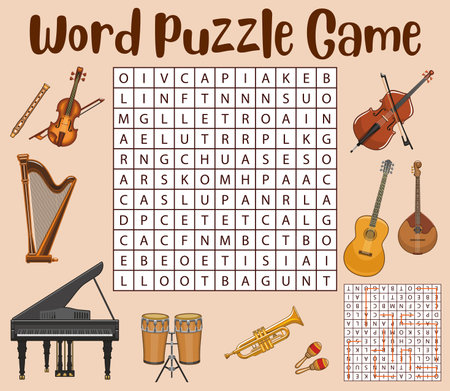Isolated musical instruments. Word search puzzle game worksheet. Kids quiz, vector word riddle with classic acoustic flute, violin and harp, piano, drum and trumpet, maracas, guitar and cello, bongosのイラスト素材