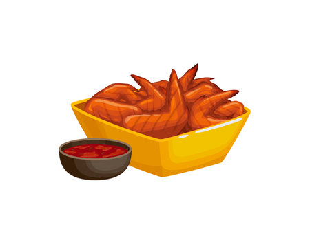 Cartoon spicy chicken wings. Restaurant meat menu hot meal, take away dish or fast food cafe grill menu snack vector icon. Isolated bowl with grilled chicken wings and chilli or tomato sauce in saucerのイラスト素材