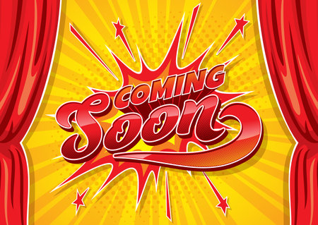 Coming soon cartoon banner with red curtains and stage. Price discount promotion announcement, shop or store soon coming opening notification or sale marketing campaign halftone vector wallpaperのイラスト素材