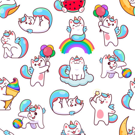 Cartoon funny cute caticorn seamless pattern. Vector repeated background with cute unicorn cat character sitting on rainbow or cloud, holding balloons, playing and making spell tiled kawaii wallpaperのイラスト素材
