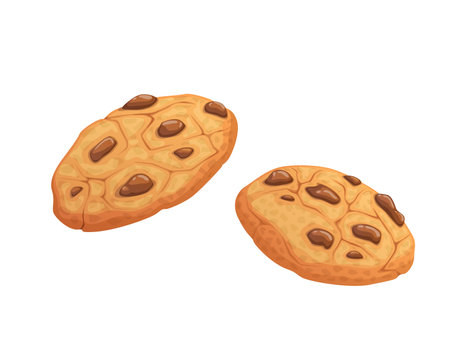 Cartoon biscuit cookie with chocolate pieces and crumbs. Isolated vector crispy baking, round sweet snack with choco chips. Fresh bakery, confectionery product, tasty dessert, pastry, sugar foodのイラスト素材