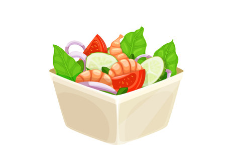 Cartoon salad with shrimps, isolated vector square bowl with fresh vegetables and seafood. Delicious dish with prawns, fresh lettuce, onion, tomatoes and cucumbers. Healthy eating, dieting foodのイラスト素材