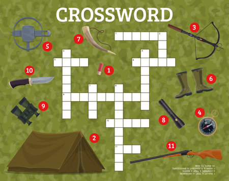 Crossword quiz game grid. Hunting equipment and weapon. Educational kids vector worksheet with bullet, tent, crossbow, compass, trap and boots, horn, flashlight, binoculars, knife and gun on grassのイラスト素材