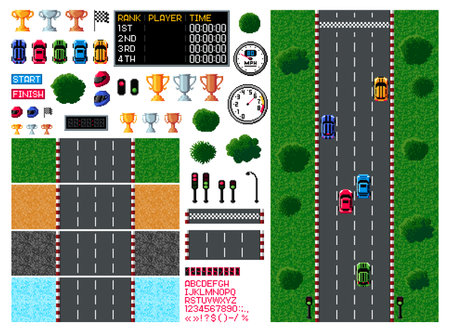 Pixel race, arcade game top view, car racing video game in retro 8 bit, vector asset icons. Vintage computer game arcade or car races props and player interface elements with sport cars and racetracksのイラスト素材
