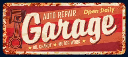 Vintage car repair service rusty plate. Auto spare parts store, car repair or restoration service, maintenance garage station vector plate. Automobile mechanic workshop tin sign with engine pistonのイラスト素材